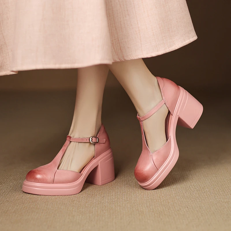 头层牛皮手工鞋/7cm高跟复古厚底包头凉鞋女粗跟防水台丁字鞋M829