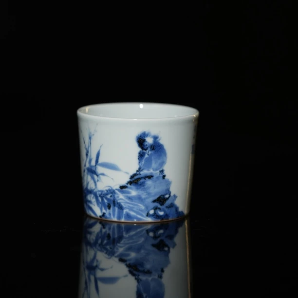 五云随安青花花鸟直口杯主人杯君子清风茶杯