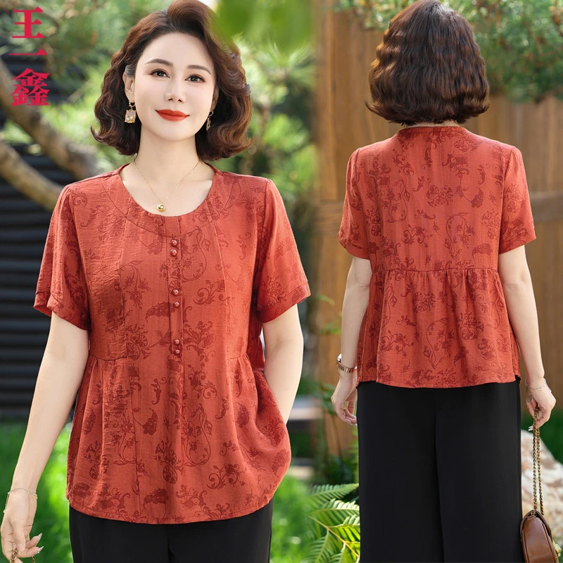 洋气妈妈装新中式小衫裤子套装中年中老年女装夏季宽松时尚两件套