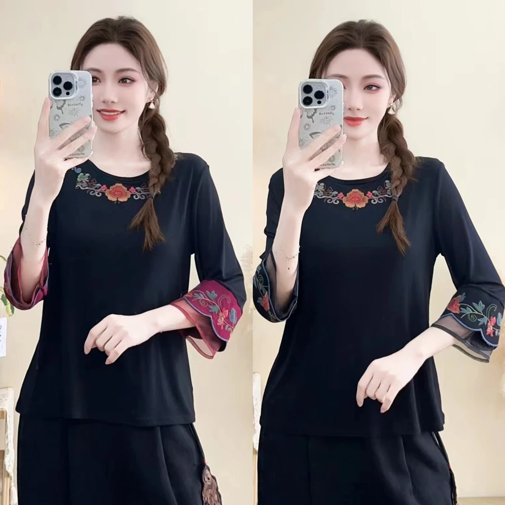 雪儿 新中式复古领口绣花刺绣圆领T恤网纱袖打底衫1513