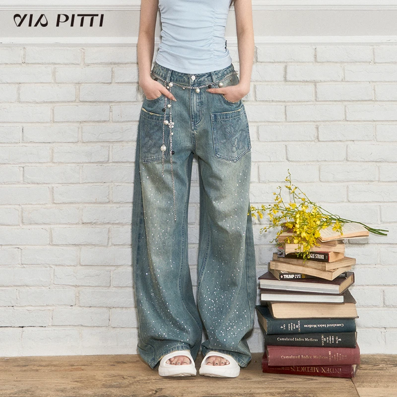 ViaPitti【官方专属】重磅立体水钻阔腿牛仔长裤VIABP197