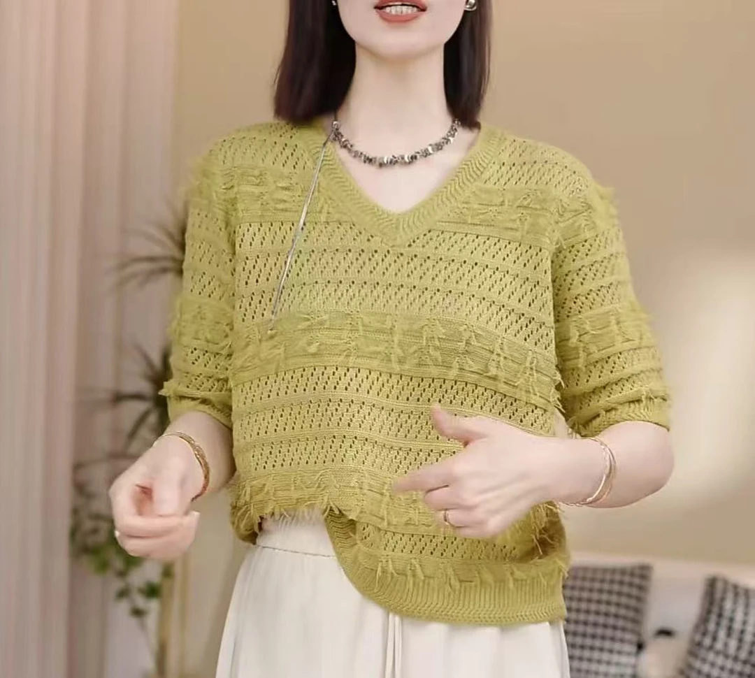 #003【涵宇】2025夏季新款女装时尚百搭圆V条镂空流苏针织衫