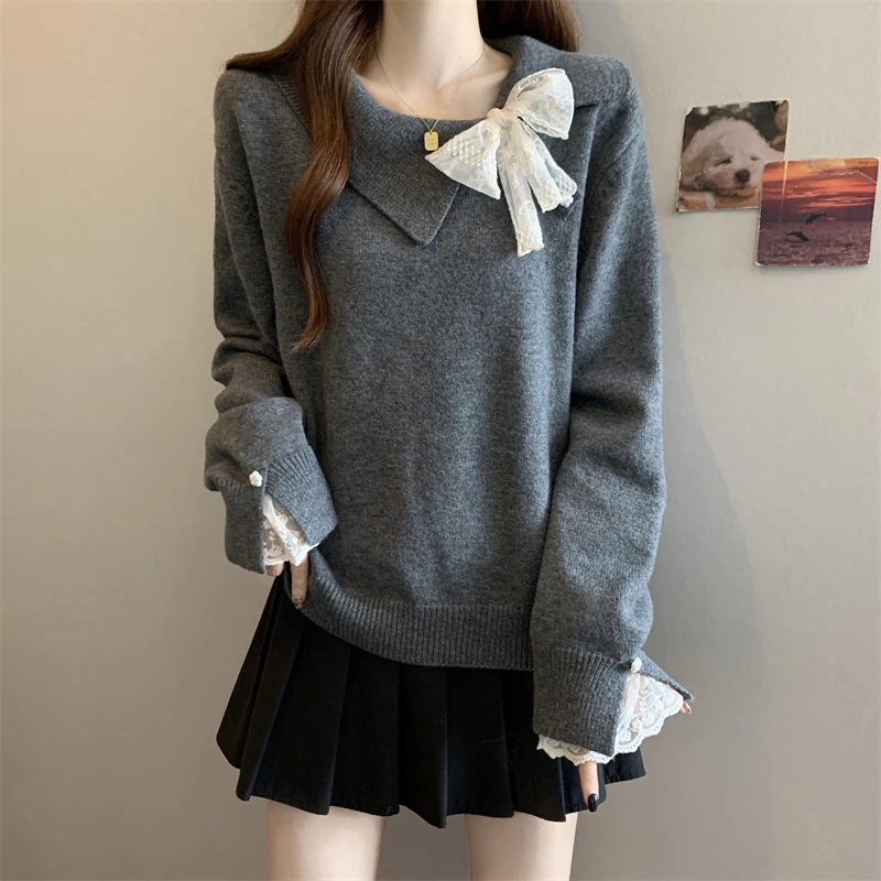 蕾丝蝴蝶结灰色长袖毛衣女装秋冬2025新款大码胖mm高级感针织上衣