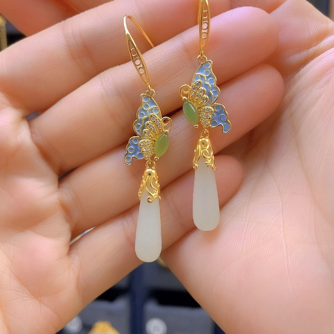 和田玉耳饰银S925镀金镶嵌