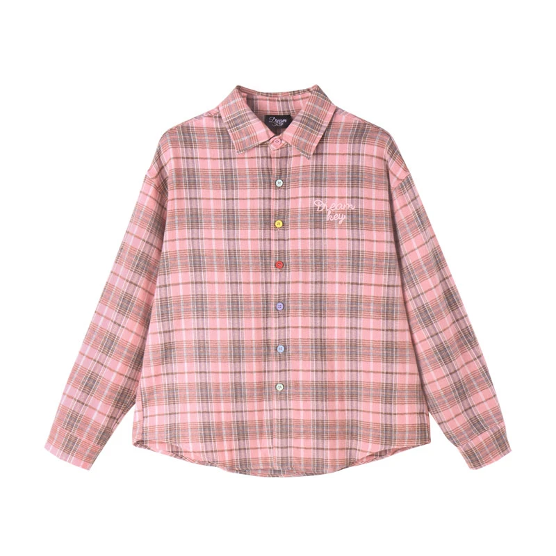 美式休闲甜酷宽松外套彩色纽扣格纹衬衫运动7259