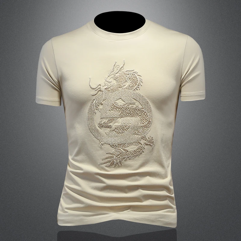 希敦纽勒短袖t恤男刺绣龙夏季圆领修身时尚舒适丝光棉休闲半袖潮