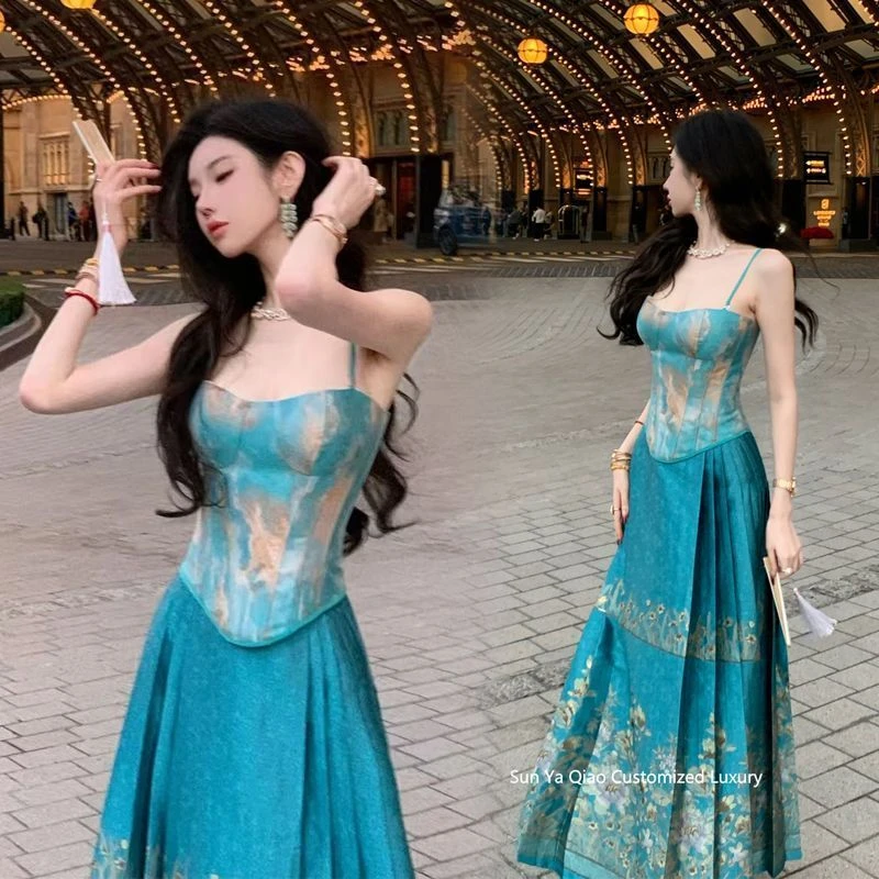 夏季新款大码胖mm新中式国风吊带上衣马面半身裙套装两件套汉服