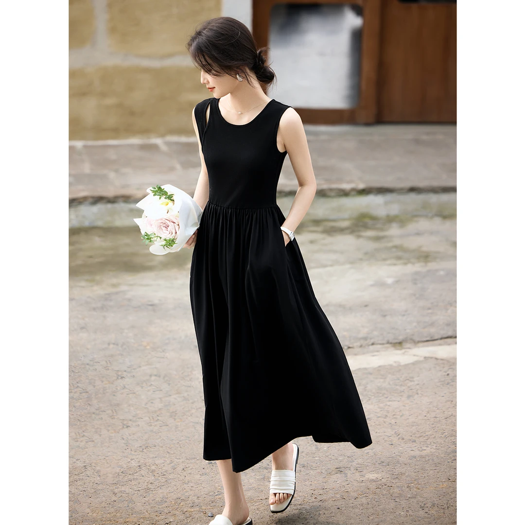 XWI/欣未2025夏收腰显瘦针梭拼接连衣裙气质优雅镂空连衣裙2275