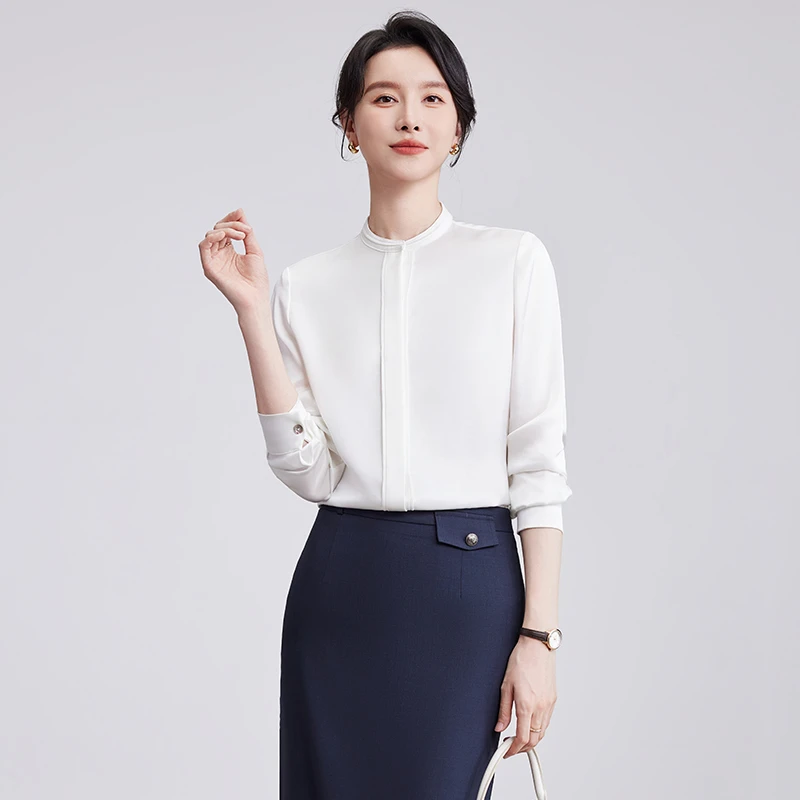 SHILUYA/诗璐雅白色长袖衬衫女OL通勤职业衬衣简约小立领百搭上衣