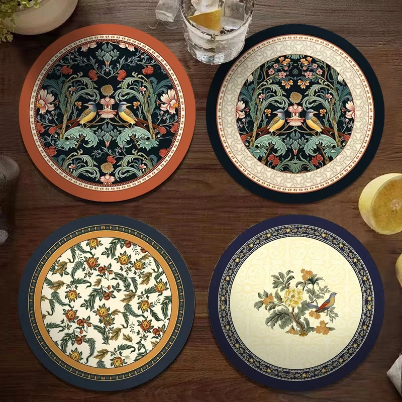新中式防滑吸水花卉杯垫家用防烫圆垫美式轻奢复古圆形杯垫创意