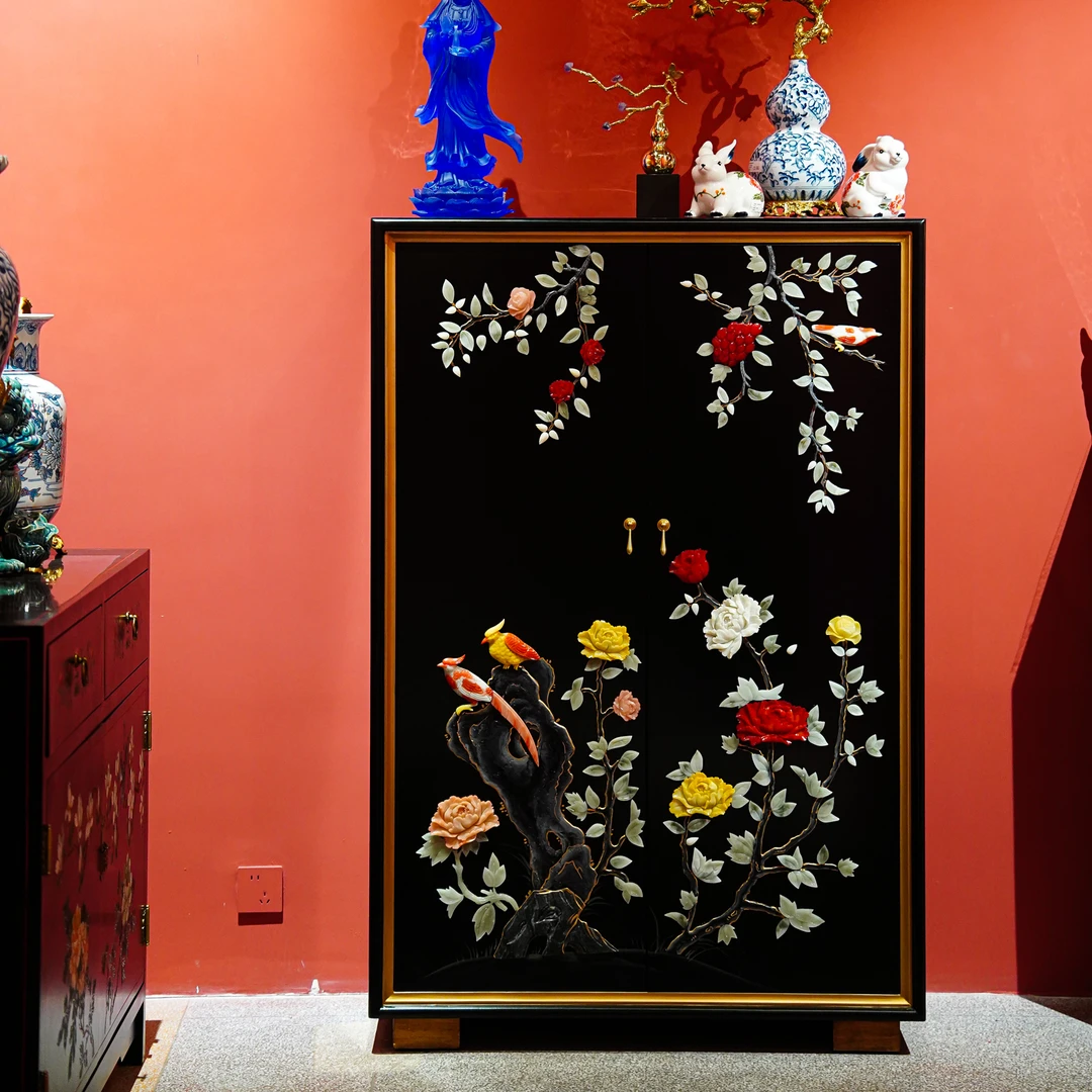 【本尼家】TS39新中式国风骨石镶嵌花鸟玄关柜100*46*150cm收纳边柜