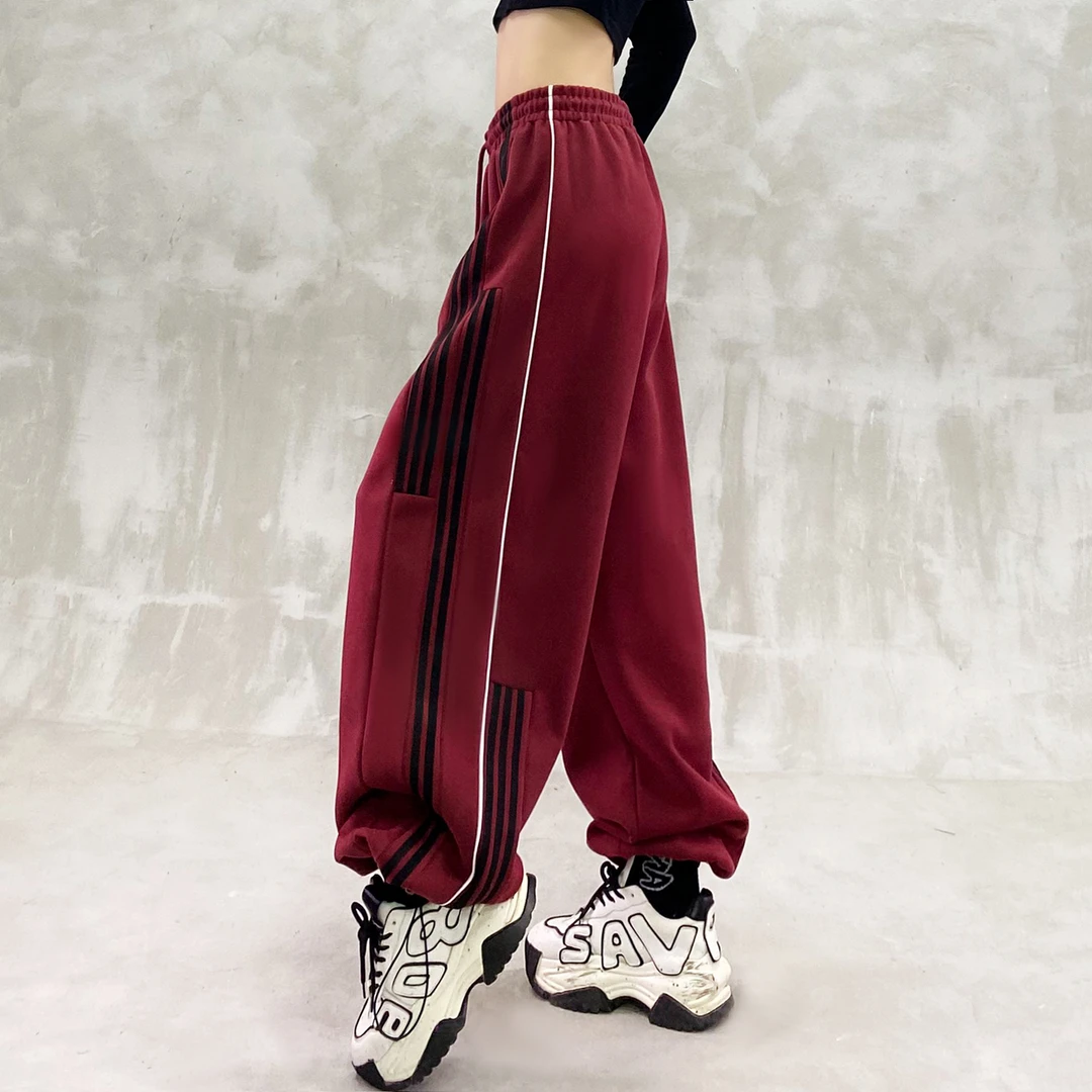 个性条纹设计休闲运动裤女秋新款高腰宽松显瘦百搭直筒束脚卫裤潮