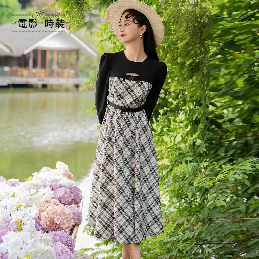 【小朱专享】一电影一时装假两件格子高档连衣裙时尚FFNL115443