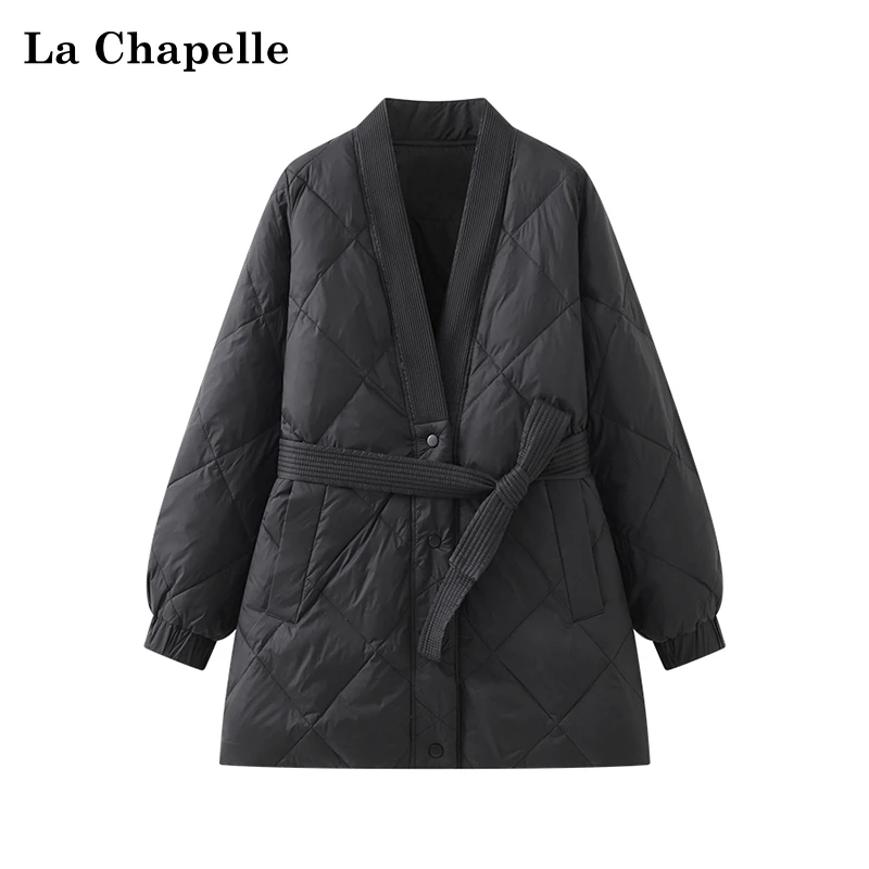 拉夏贝尔宽松时尚新款纯色菱格纹深v领腰带收腰上衣外套高级洋气