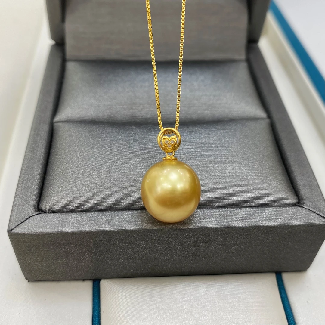 南洋金珠吊坠11-12mm浓金色海水珍珠项链18k金