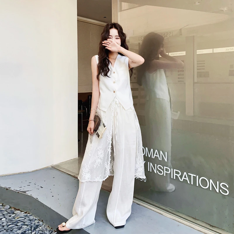 松弛感马甲蕾丝罩衫阔腿裤套装2025女夏新款ins风韩系穿搭三件套