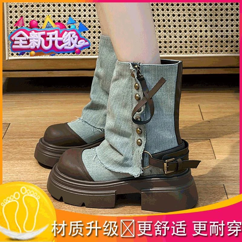 （直播间下单）学院风纯色女英伦中跟防滑马丁靴圆头粗跟女鞋复古