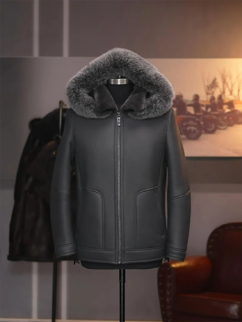 灰色8910休闲原生态皮毛一体男冬季厚真皮毛皮草外套夹克保暖连帽