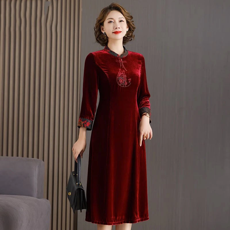 桑蚕丝礼服裙中长款婚宴A字裙方领常规连衣裙复古印花礼服轻职风