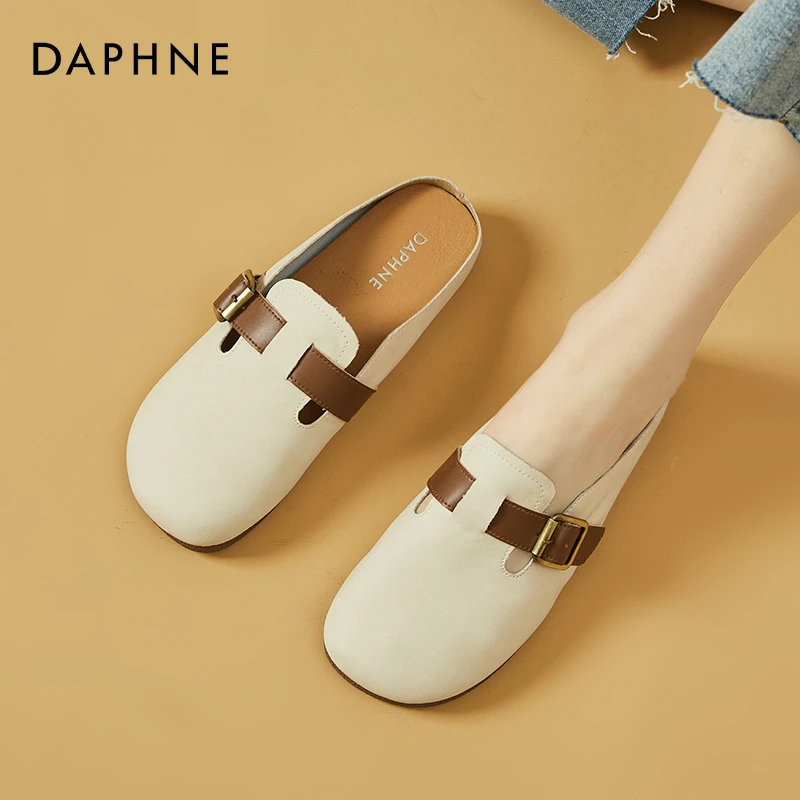 达芙妮真皮勃肯拖鞋女夏季外穿2025新款包头凉鞋平底半拖鞋一脚蹬