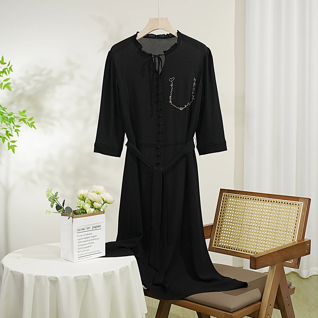 【夜灵】100%桑蚕丝鬼皱刺绣纯色气质法式夏季复古黑色连衣裙 1294