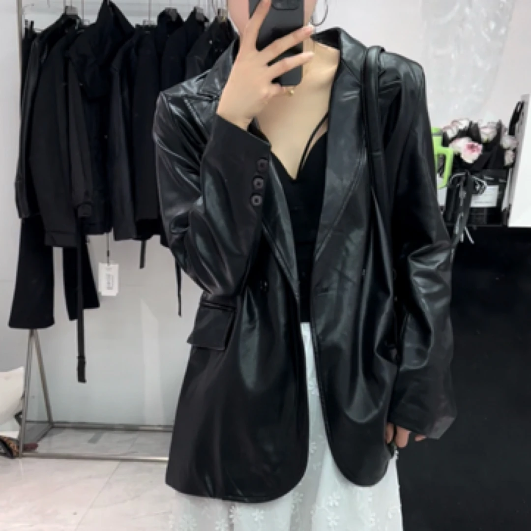 2025春季新款设计高级感炸裂复古黑色PU皮西装皮衣外套宽松港风