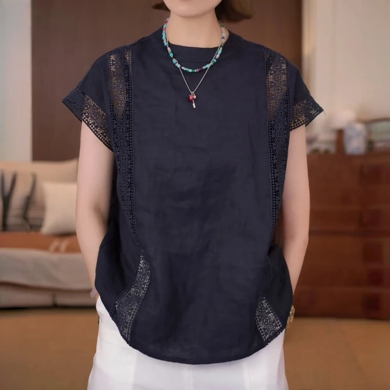 大码藏青色圆领镂空重工短袖T恤女夏季新款洋气休闲时尚宽松上衣