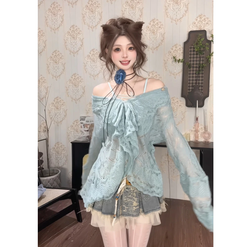 {池南春水}针织长袖春夏款女 设计感喇叭袖韩系