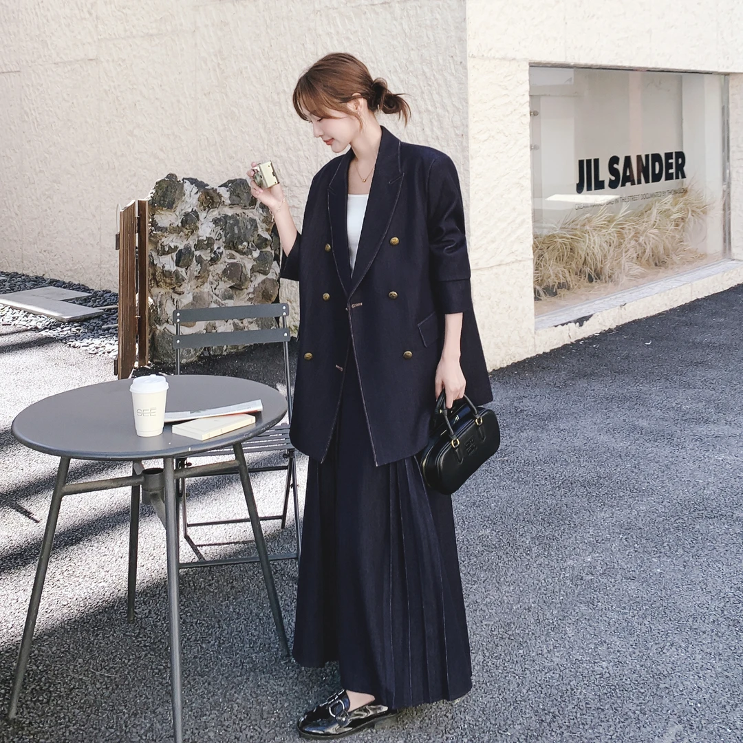 设计感复古套装女2025秋季新款时髦金属扣仿牛仔西装半身裙两件套