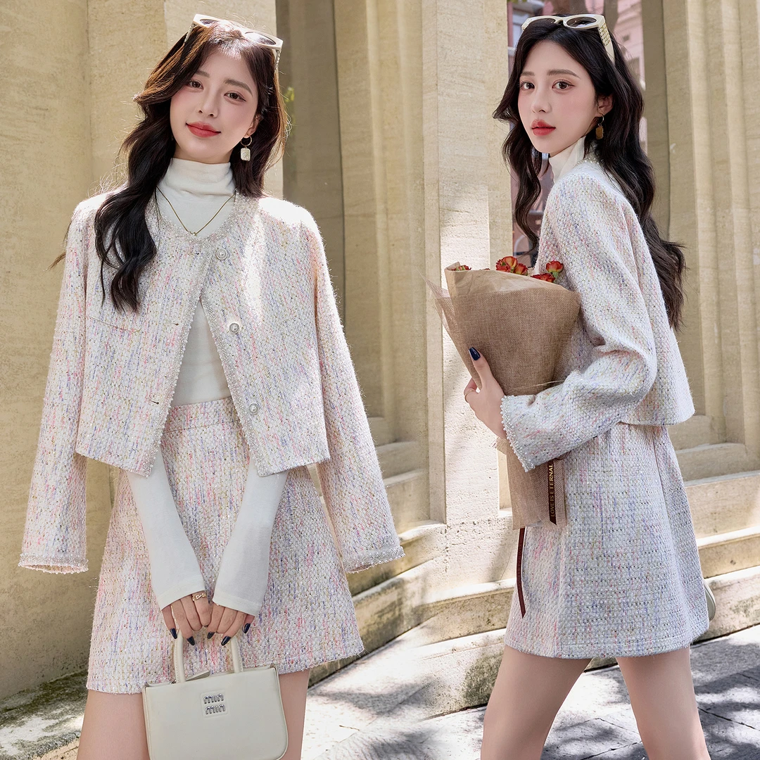 法式小香风钉珠毛呢套装裙女2025秋冬新款甜美气质半身短裙两件套