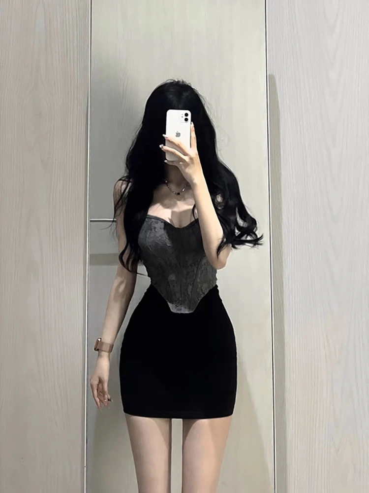 美式辣妹性感收腰露背纯欲蕾丝绑带吊带背心高腰显瘦包臂短裙套装