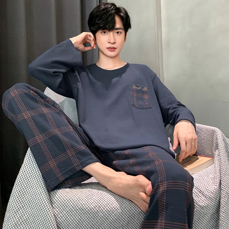 梦莱婷新款时尚纯棉睡衣男士长袖休闲春秋款可外穿宽松大码家居服