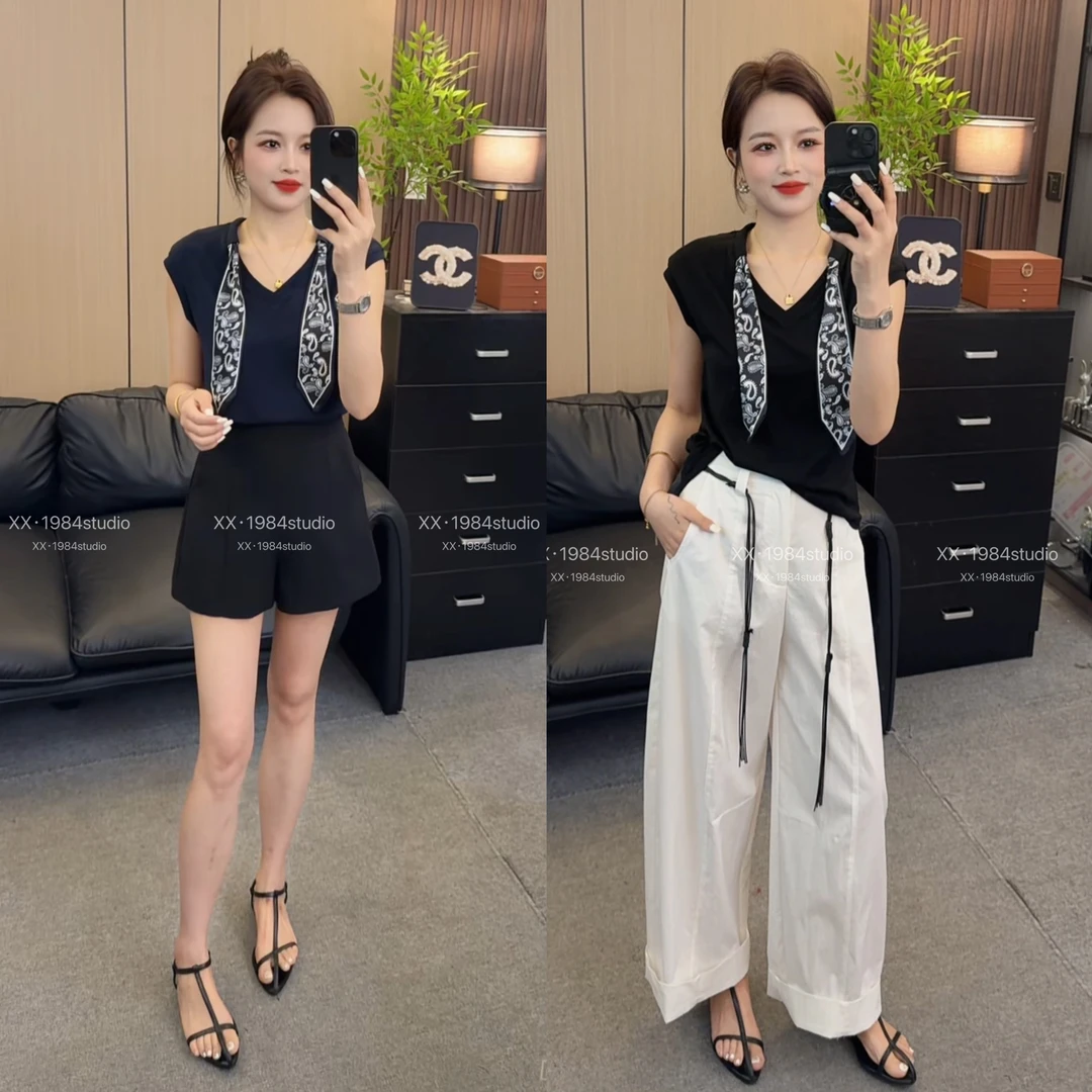 1984 精选【小丝巾】夏季V领显瘦百搭气质小上衣