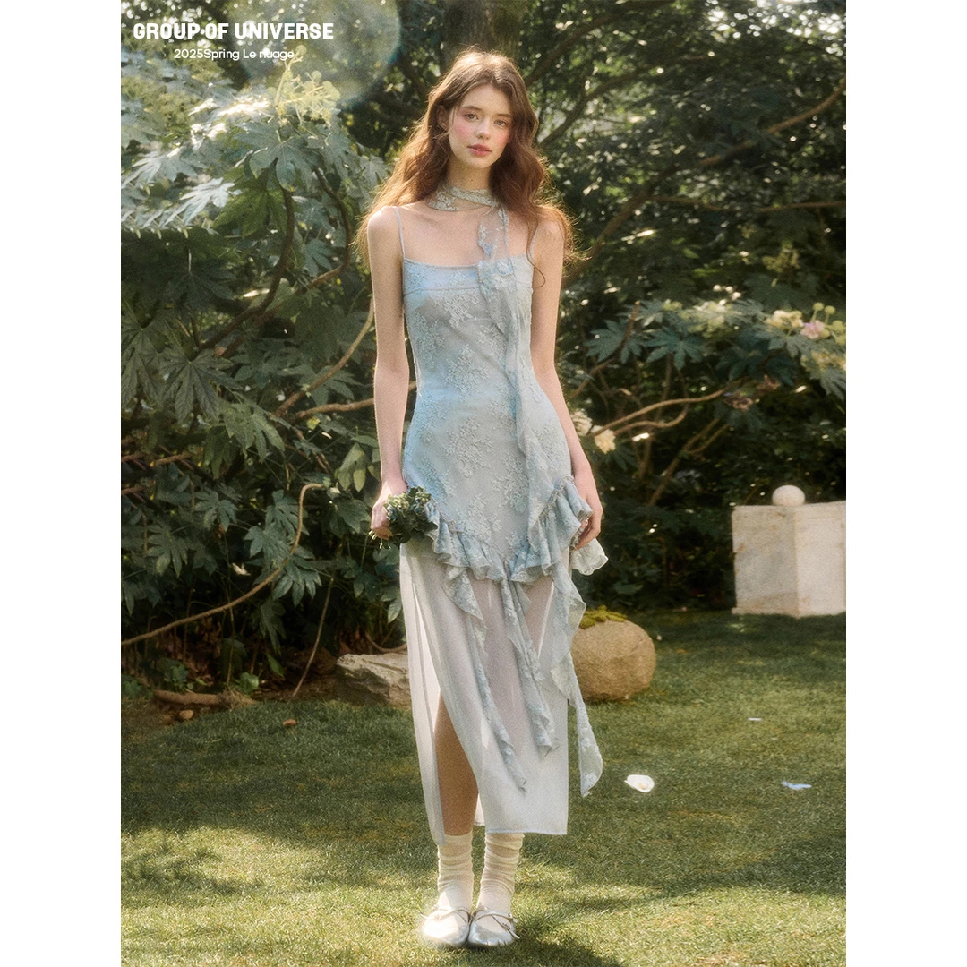 银河万岁“氧气蓝”会呼吸的云朵蕾丝「仙女裙」不规则拼接连衣裙