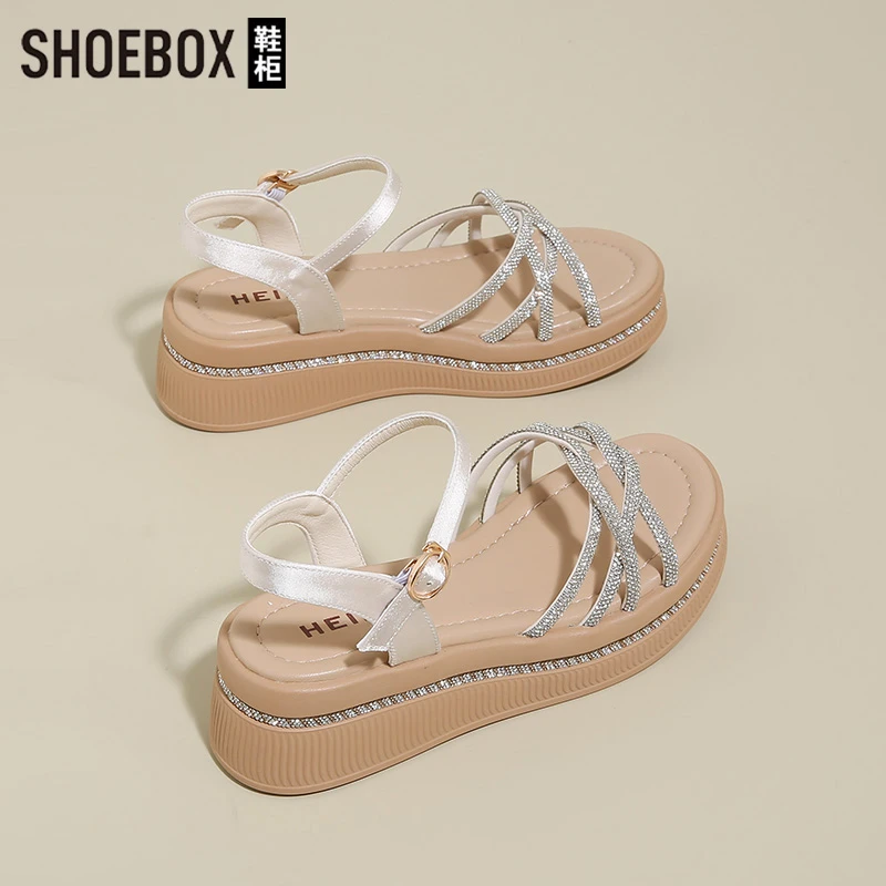 SHOEBOX鞋柜夏季凉鞋女2025新款仙女风坡跟软底增高水钻罗马鞋