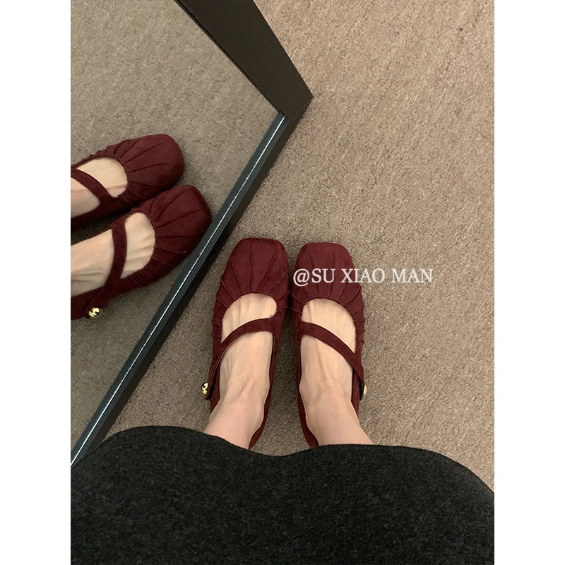 羊皮版！4cm内增高红色玛丽珍鞋女鞋2025年春秋新款绒面浅口单鞋