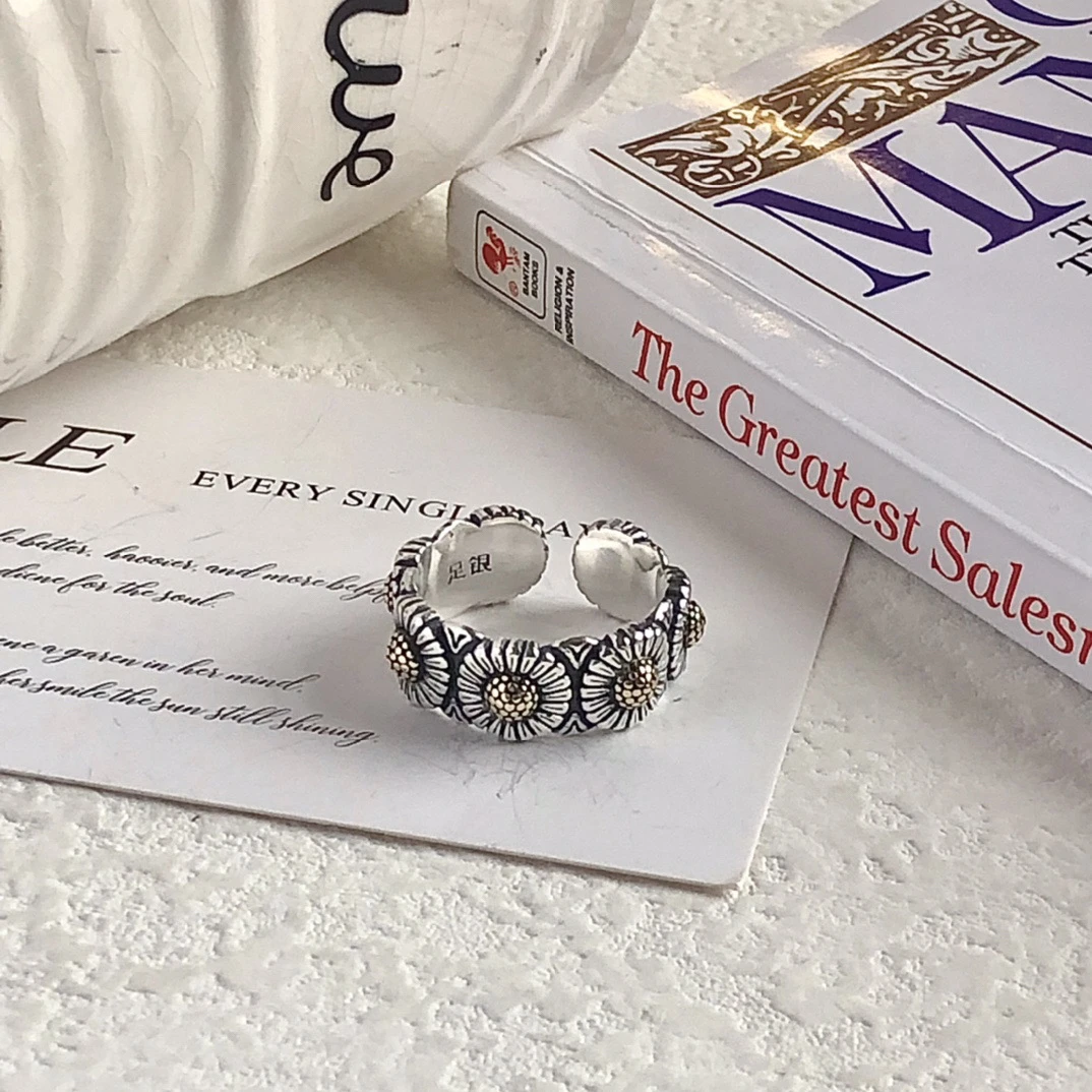 足银戒指 非遗手工足银990花戒气质时尚复古足银戒指