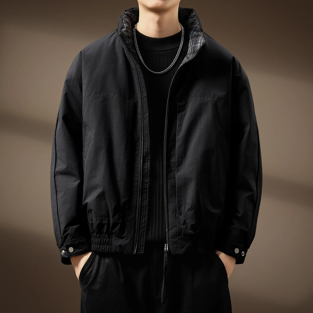 高端90鸭绒格纹立领羽绒服男士冬季新款美式防风复古蓬松保暖外套