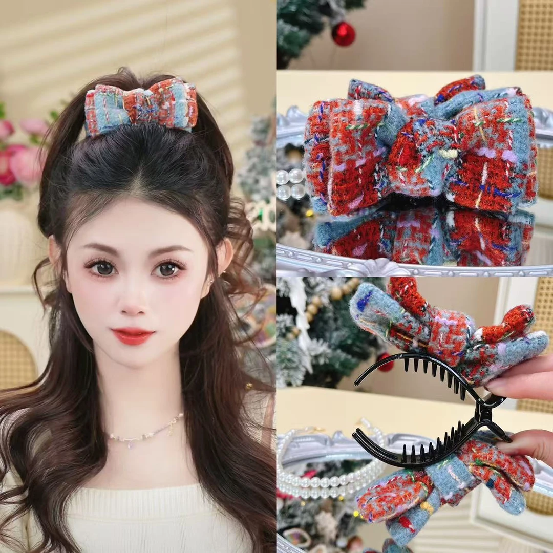 彩色格纹双面蝴蝶结丸子头高级感2024新发夹