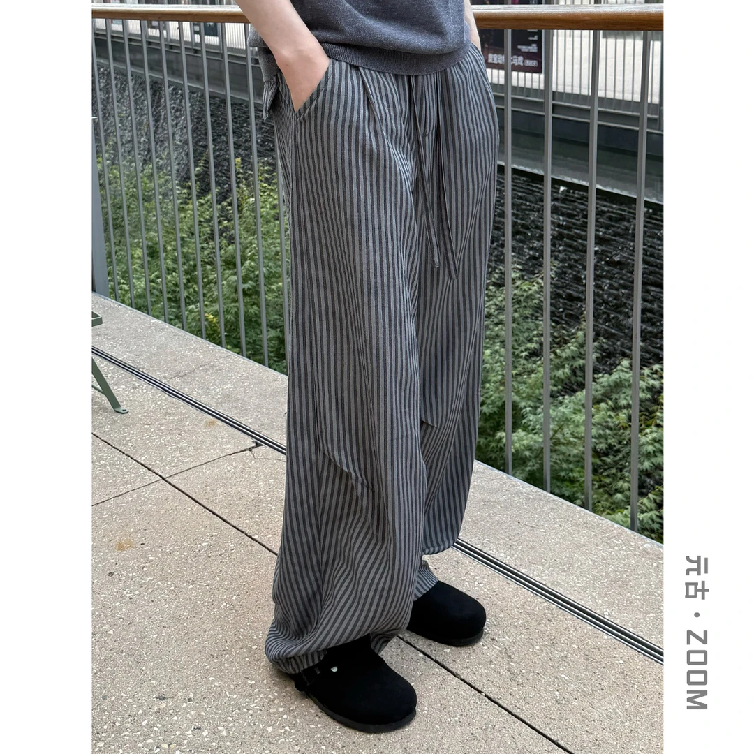元古 复古慵懒风条纹撞色 夏薄款宽松阔腿裤拖地垂感休闲裤男女潮