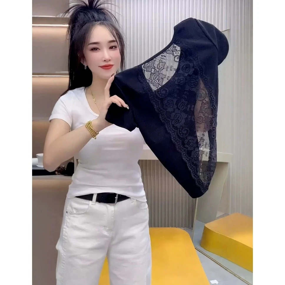 2025夏季新款露背镂空蕾丝拼接U领纯棉短袖T恤女修身高弹正肩上衣