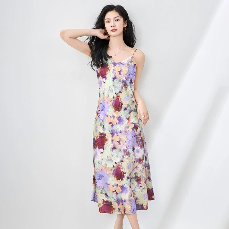 女士2506711-优雅气质印花缎面领吊带裙雅致轻熟修身女夏连衣裙