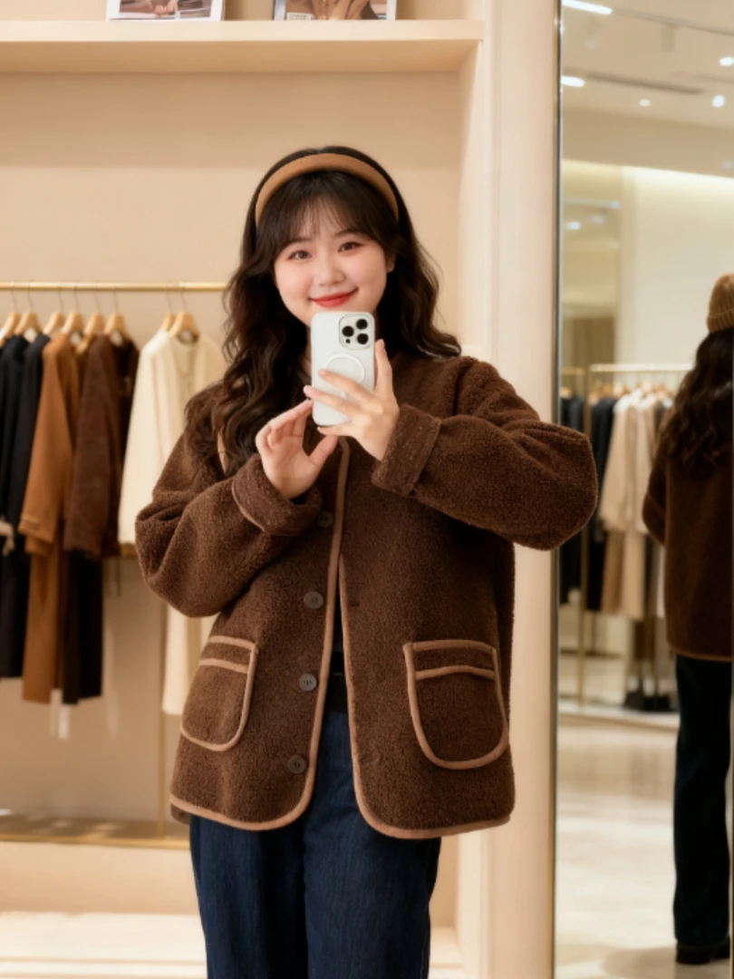 大码女装 胸112-134蕾丝袖摇粒绒外套519#