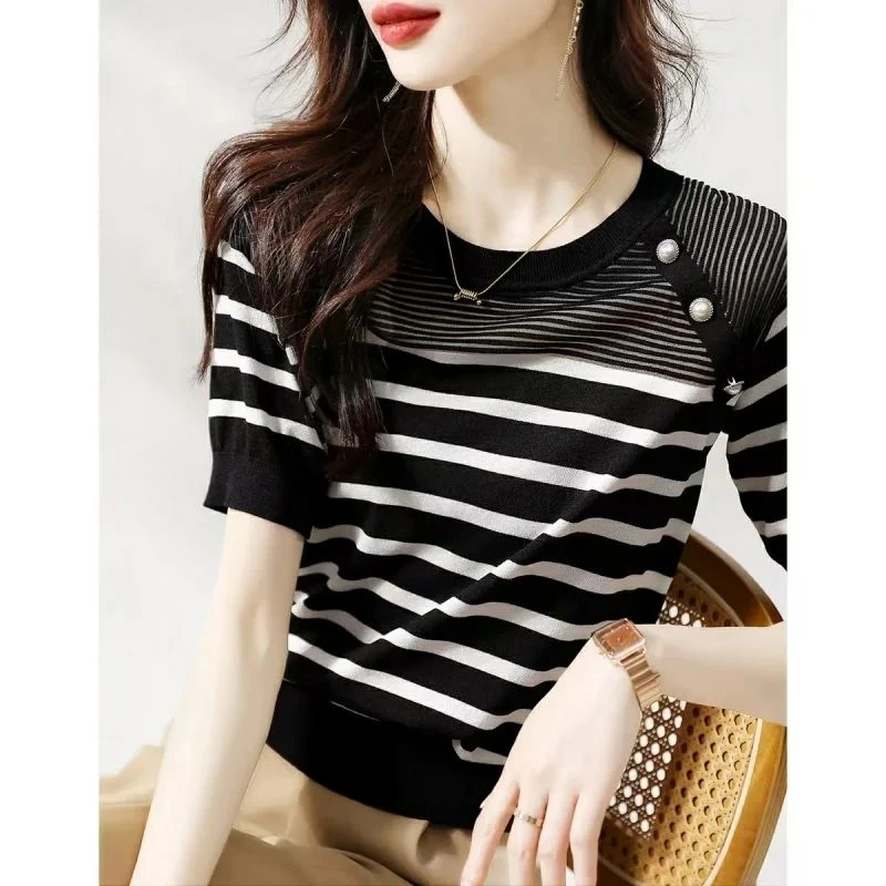黑白条纹短袖针织衫夏季欧货减龄显瘦冰丝弹力圆领套头打底衫T恤