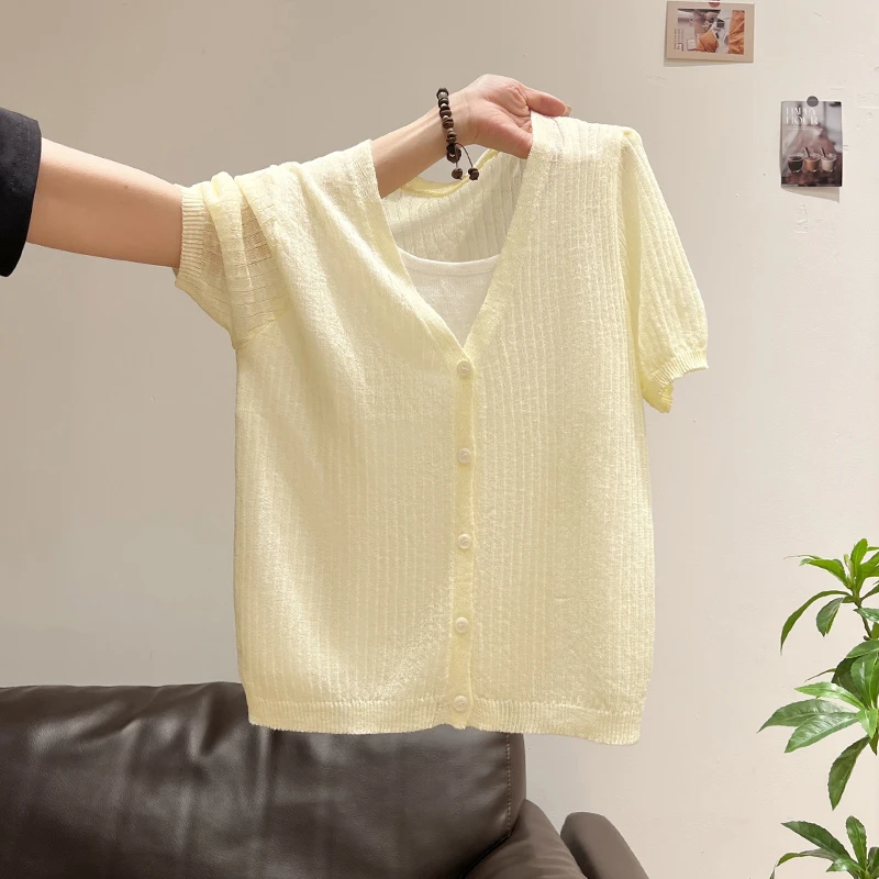 百搭假两件V领短袖针织开衫女夏季新款正肩显瘦短款冰丝薄款上衣