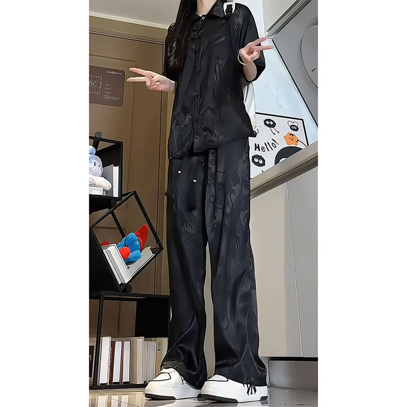 龙纹醋酸缎面冰丝裤子女夏季直筒休闲西装裤新中式女装套装慵懒风