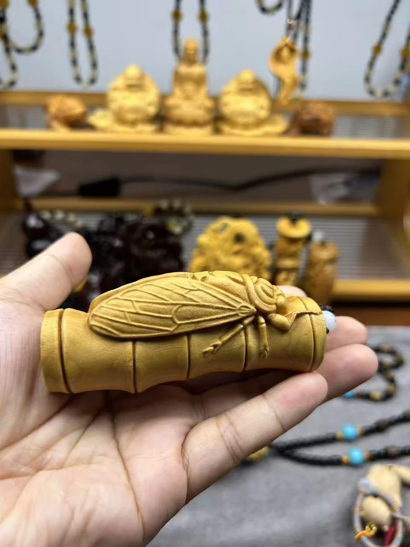 天然太行崖柏陈化料实木雕刻一鸣惊人手把件工艺摆件金蝉知了挂