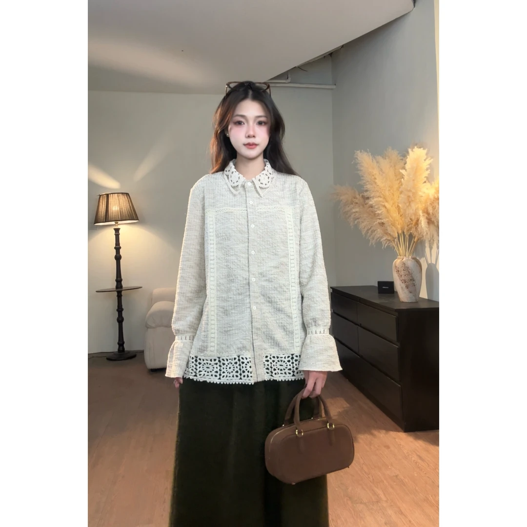 【镂空蕾丝】衬衫纹理感百搭小众设计感精致气质拼接蕾丝衬衫女