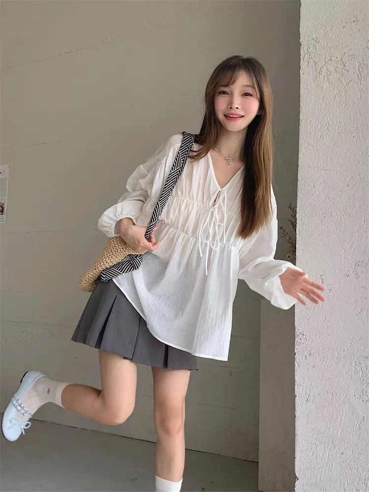 系带休闲风薄款长袖衬衫百搭小姨风上衣8590
