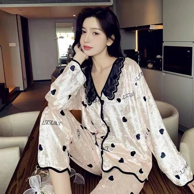 韩版爆款秋冬新款睡衣女蕾丝花边钻闪绒绒保暖时尚舒适家居服套装